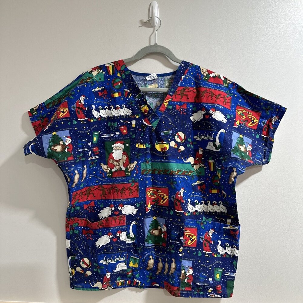 Tafford Christmas Scrub Top, L Large Holiday Uniform, 12 Days Of Christmas USA